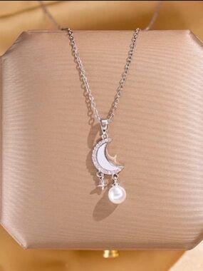 Stainless Steel Silver Crescent Moon Pendant Necklace with Pearl Accent